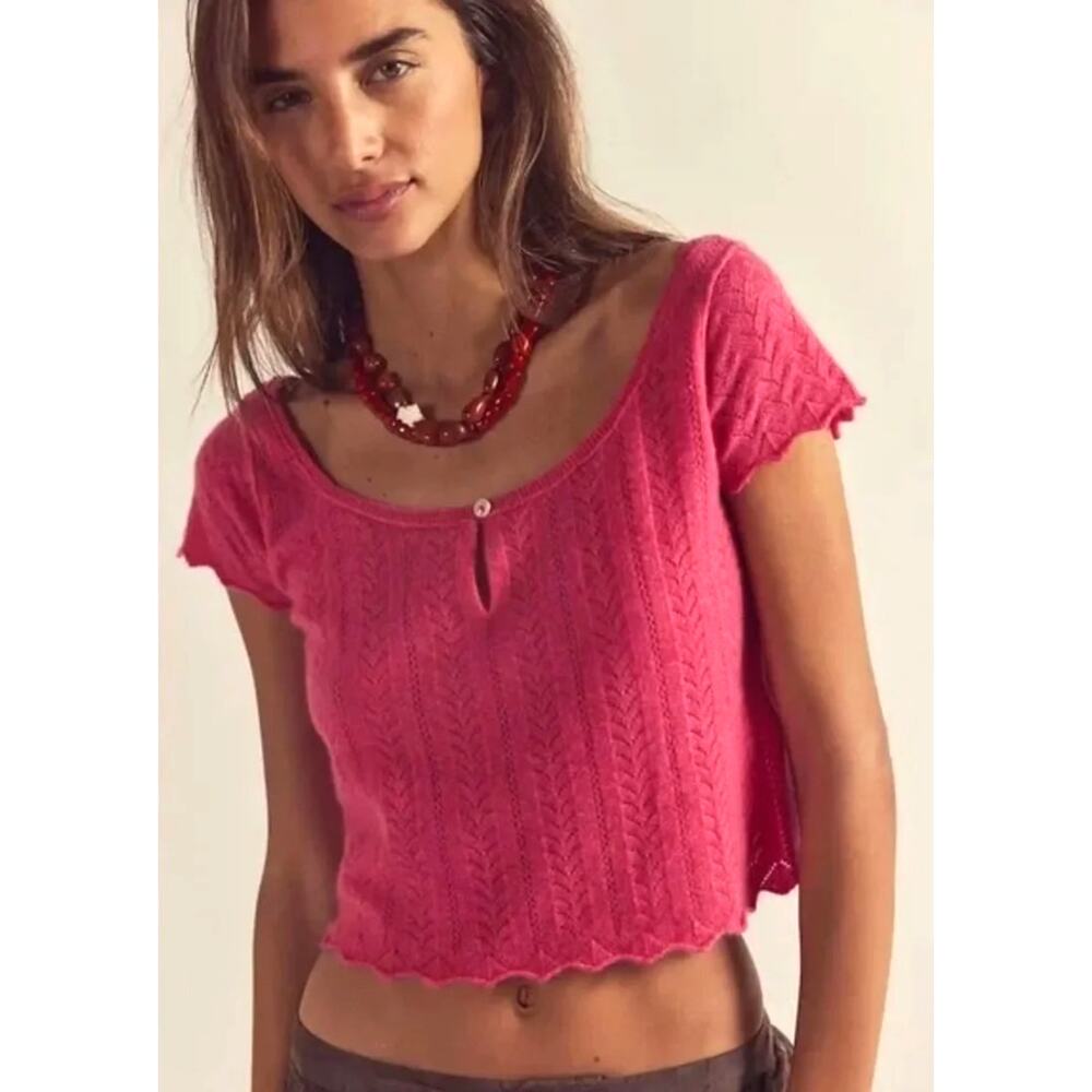 Free People Hera Calypso Pink Pointelle Knit Crop Top Size XS Cashmere NWT